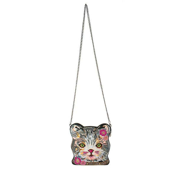 Mary Frances Cattitude Cat Zip Bag Animal Leather Beaded Handbag Purse Gray NEW - Picture 6 of 7